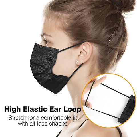 Woman wearing Bulk Black Disposable Face Masks For Adults, 3 Ply Breathable Earloop with soft nonwoven fabric, close-up view.