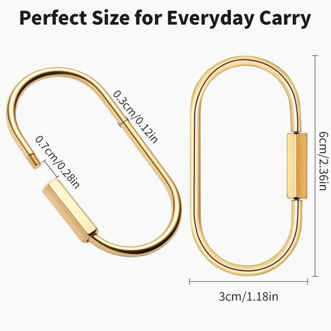 Premium Brass Key Ring With Screw Lock Carabiner Clip Gold Tone dimensions shown for daily grab and go EDC accessory