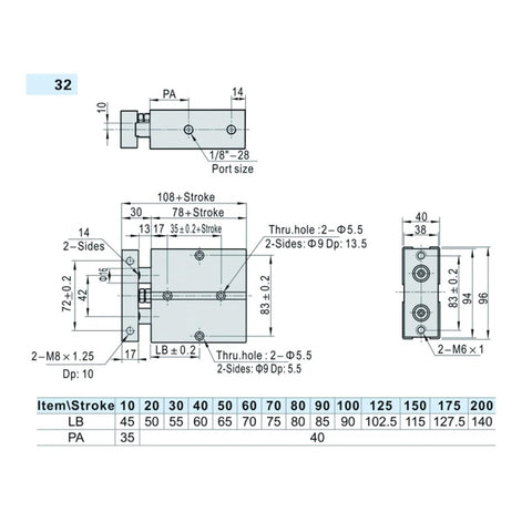 Aluminum alloy pneumatic air cylinder with twin-rod shaft; 10–150 mm stroke, side and end views.
