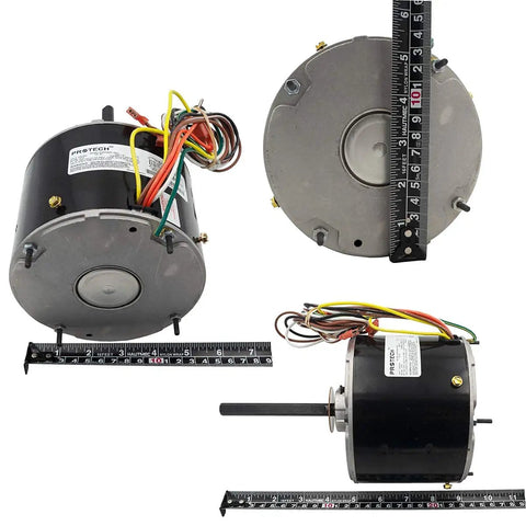 HVAC Condenser Motor One Quarter HP 1 Phase 1075 RPM 208 To 230 Volt Replacement with run capacitor incl & ruler in view