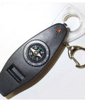 4 In 1 Outdoor Survival Tool With Whistle, Compass, Magnifier And Thermometer Plus Key Ring on white background