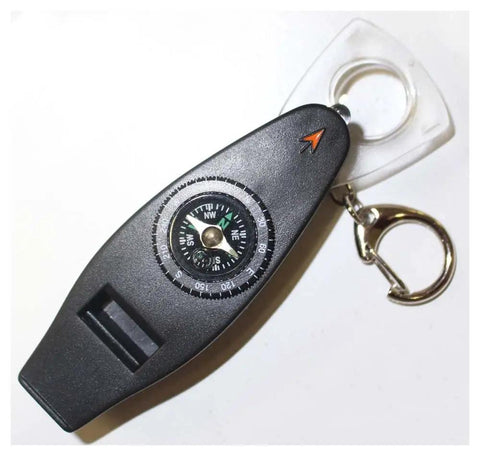 4 In 1 Outdoor Survival Tool With Whistle, Compass, Magnifier And Thermometer Plus Key Ring on white background
