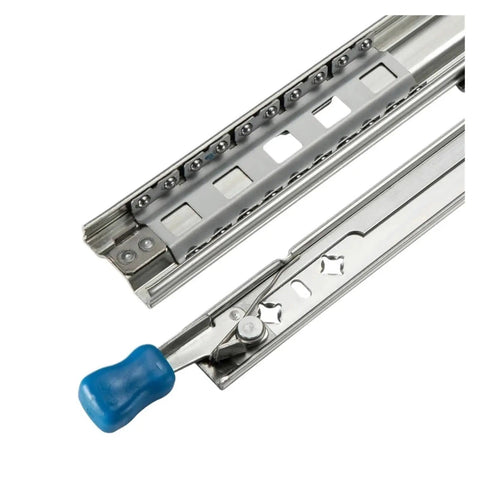 Heavy Duty Workhorse Ball Bearing Drawer Slides 40 Inch Full Extension showing cold rolled steel and blue handle.