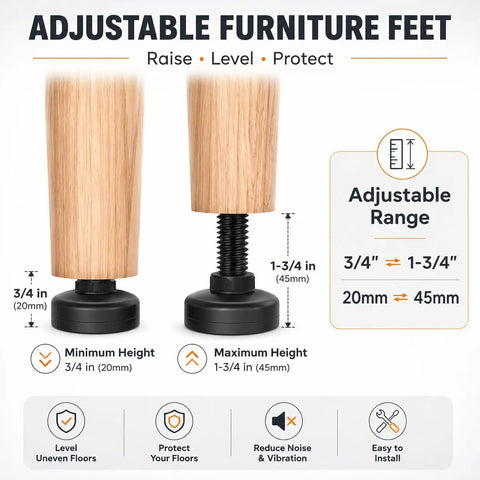 Beefy Heavy Duty Adjustable Furniture Leveling Feet Four Pack With Three Eighths Inch Sixteen Thread Floor Safe Felt Pads showing height range