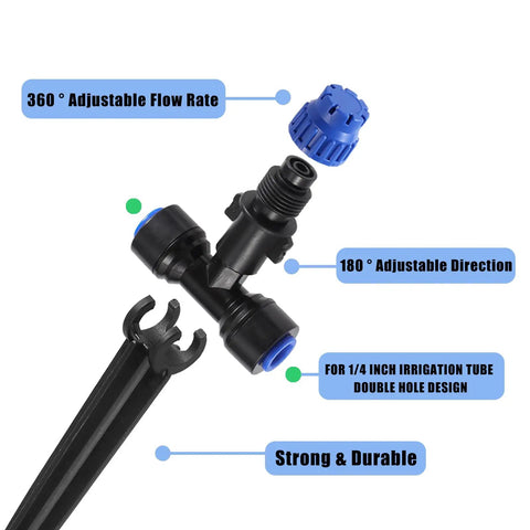 Adjustable 360 Degree Drip Irrigation Emitters For One Quarter Inch Tubing Push To Fit Garden Watering System 12 Pack With Arrow Stakes For Precise Watering showing flow rate and direction adjustments.