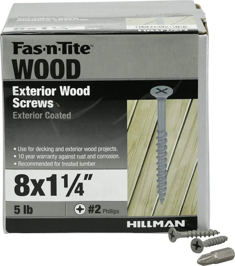 Heavy Duty Exterior Deck Screws Epoxy Coated Wood Fasteners Bugle Head Weather Resistant Outdoor Construction Workhorse Pro Grade Bulk Pack 8 By 1-1/4 Inch packaging with screws.