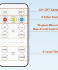 Remote for Dope Rechargeable Light Bulbs With Remote, showing 3 color modes, stepless dimming, and 4-level timer features.