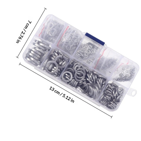 600 Pieces Stainless Steel Spring Lock Washers Kit M2 Assorted shown in transparent box with dimensions
