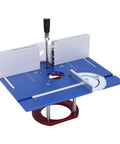 Top Shelf Aluminum Router Lift Base Height Adjustable Manual Woodworking Table Slick Mounting Badass Stainless Steel Brackets Knockout Precision Engraving Milling Unit Blue on a red base with a height adjustment lever.