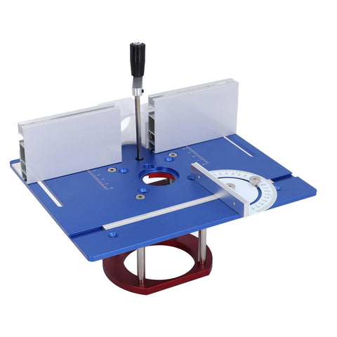 Top Shelf Aluminum Router Lift Base Height Adjustable Manual Woodworking Table Slick Mounting Badass Stainless Steel Brackets Knockout Precision Engraving Milling Unit Blue on a red base with a height adjustment lever.