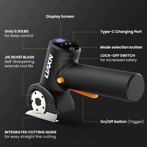 Close-up of Heavy Duty Electric Cardboard Cutter With Tungsten Steel Blades, showcasing self-sharpening JIS SKH51 blade and safety features.