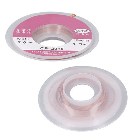 Pro Grade Tin Solder Wick Kit Set Of Five With Red Copper Braid for fast absorption and superior PCB repair viewed from above.