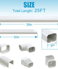 Ultra Durable 25 Ft PVC Line Set Cover Kit components with 3 Inch Decorative Sleeve, showing various connectors and dimensions.