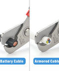 Straight Up Killer Electrician Wire Cutter cutting battery and armored cables, showcasing durable shear cut pliers for effective snipping.