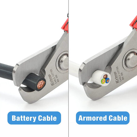 Straight Up Killer Electrician Wire Cutter cutting battery and armored cables, showcasing durable shear cut pliers for effective snipping.