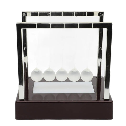 Classic Desk Pendulum Toy With Stable Base Cradle Science Gadget for Energy Transfer on a brown plastic base.