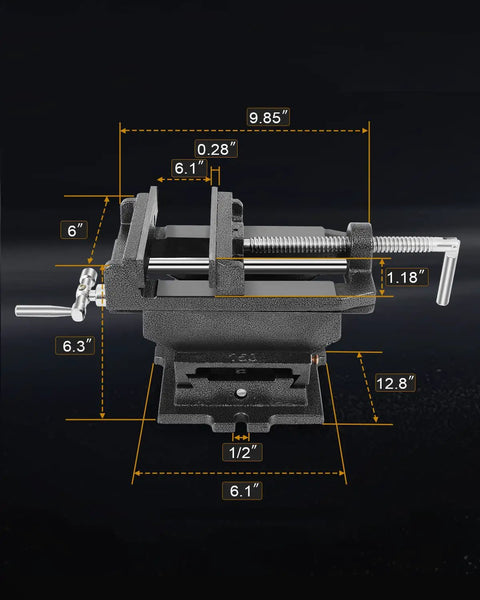 Detailed diagram of 6 Inch Cross Slide Vise For Drill Press And Milling Portable Bench Clamp with dimensions overlay.