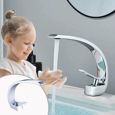 Child washing hands under Chrome Bathroom Sink Faucet With Single Handle And Single Hole Install Dope Brass Lavatory Vanity Basin Mixer Tap Includes Supply Hose And Pop Up Drain Assembly 7.8 Inch Spout Modern Spa Style