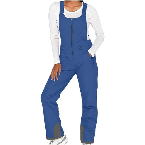 Women's Go To Snow Bibs Insulated Waterproof Overalls For Snowboarding And Skiing, blue with adjustable straps.