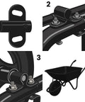 Universal Wheelbarrow Axle And Bracket Replacement Kit For Universal Compatibility Easy Install Wagon Wheelbarrow Parts Repair Kit Durable Spindle And Axle Set For Quick Fixes, illustration showing axle, bracket, spindle, and full wheelbarrow.