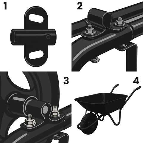 Universal Wheelbarrow Axle And Bracket Replacement Kit For Universal Compatibility Easy Install Wagon Wheelbarrow Parts Repair Kit Durable Spindle And Axle Set For Quick Fixes, illustration showing axle, bracket, spindle, and full wheelbarrow.