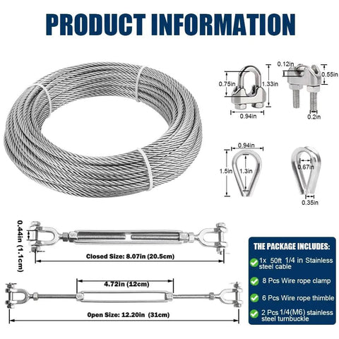 Quarter Inch Stainless Steel Wire Rope Kit 50 Ft With Turnbuckles Clamps Thimbles For Zipline And DIY Heavy-Duty Projects 7x19 Cable Premium 304 Stainless Steel 1400 Lb Load Limit product information