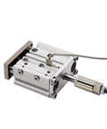 One Piece Adjustable Stroke Pneumatic Air Cylinder With Compact Guide Rod And Straight Shooting Three Axis Actuator top view, showing aluminum body.
