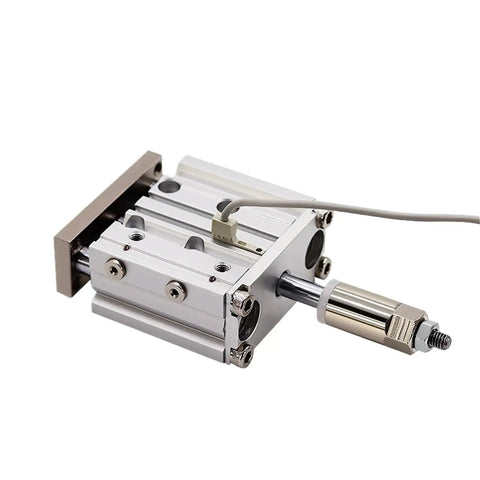 One Piece Adjustable Stroke Pneumatic Air Cylinder With Compact Guide Rod And Straight Shooting Three Axis Actuator top view, showing aluminum body.
