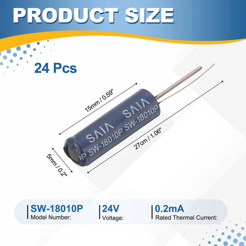 24 Pack SW 18010P Vibration Sensors High Sensitivity Motion Activated Switch For Electronic Circuits 24V 0.2mA Ideal For Arduino Projects And Anti Theft Gear Blue, 15x5mm