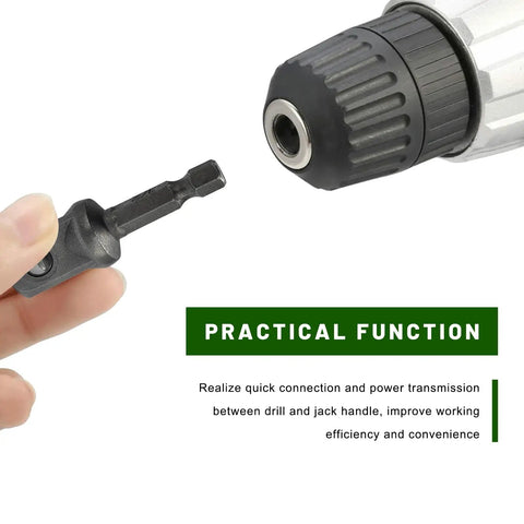 Beefed Up Trailer Jack Drill Adapter And Crank Handle Attachment Kit Featuring Half Inch Socket Converter Plus Fast Install Electric Drill Connector For One Inch Drive Shafts Camping Must Have, showing adapter in hand for quick connection.