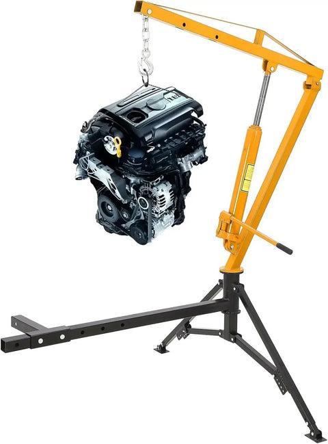 1000 Lb Hydraulic Truck Bed Crane With 360 Degree Swivel Hitch, Three Adjustable Booms, lifting an engine, yellow