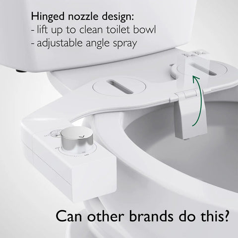 Hinged nozzle of Ultra Slim Bidet Attachment With Switchable Left And Right Control And Dual Nozzles For Female And Posterior Cleaning Hinged Design Non Electric No Fuss Easy Install Fits Most Toilets Off White