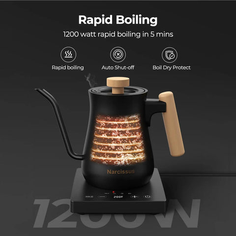 Gooseneck Electric Kettle With Precision Temperature Control Within One Degree Fahrenheit 1200W Rapid Boil In Five Minutes Keeps Warm Six Hours 304 Stainless Interior BPA Free Black on base, side view.