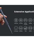 Hand holding a precision screwdriver with icons for application on watches, cameras, laptops, and more. Top Notch 25 In 1 Precision Screwdriver Set With Magnetic Bits For Glasses Phones Smart Watches And Laptops Heavy Duty Steel Mini Repair Kit Sweet Little Gift For Guys.