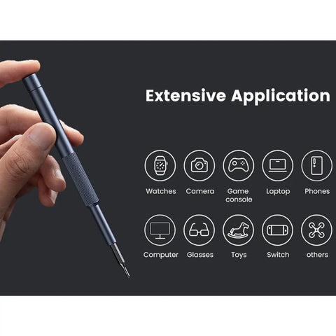 Hand holding a precision screwdriver with icons for application on watches, cameras, laptops, and more. Top Notch 25 In 1 Precision Screwdriver Set With Magnetic Bits For Glasses Phones Smart Watches And Laptops Heavy Duty Steel Mini Repair Kit Sweet Little Gift For Guys.