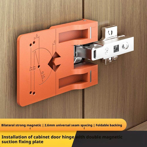Cabinet Door Hinge Spacer Kit With Magnetic Drill Guide For 35mm Hinges ABS Hinge Jig shown installed on wooden cabinet