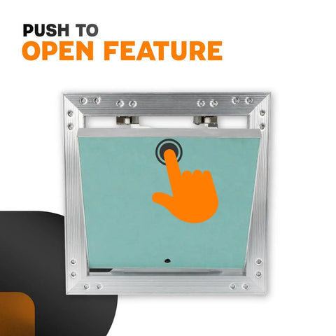 Straight Up Durable 8 X 8 Inch Drywall Access Panel Paintable Wall Repair Cover With Waterproof Aluminum Frame And Flush Mount Ceiling Hatch Built Like A Tank Plug And Play with push to open feature.