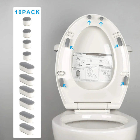 Toilet seat with Universal Toilet Seat Bumpers With Dual Height TPE Pads 10 Pack Adhesive Rubber Bidet Seat Cushions attached.
