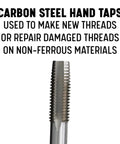 M10 X 1.5 Carbon Steel Tap from Workhorse Three Piece Hand Threading Kit showing close-up of threading teeth