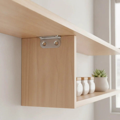 Beefy Stainless Steel Right Angle Shelf Bracket L Shape Support 16.5 X 7.4 Inch installed on wooden shelf for home upgrade
