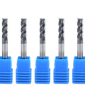 Front view: five 1/8-inch carbide square-end mills with blue plastic holders