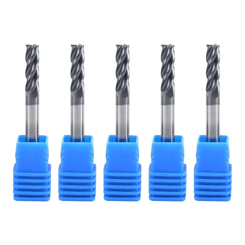 Front view: five 1/8-inch carbide square-end mills with blue plastic holders