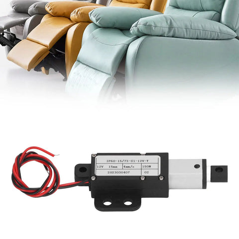 Compact 15mm Stroke Linear Actuator 12V 150N Thrust with aluminum alloy body shown in front of reclining chairs