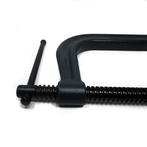 Close-up of Beefy C Clamp With Eight And A Quarter Inch Opening And Four And Fifteen Sixteenths Inch Throat Delivers Six Thousand Nine