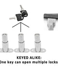 Solid Push Plunger Lock With Two Spare Keys For Cabinets Drawers And Closet Doors Chrome Zinc Alloy with keys and locks displayed.