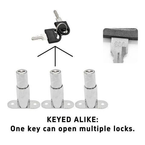 Solid Push Plunger Lock With Two Spare Keys For Cabinets Drawers And Closet Doors Chrome Zinc Alloy with keys and locks displayed.