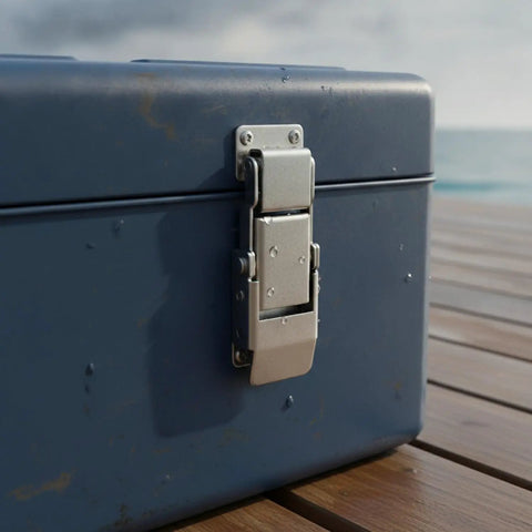 Stainless Steel Spring Toggle Latch 2.8 x 0.7 Inch For Toolboxes And Marine Storage Cases shown on a blue storage box outdoors.