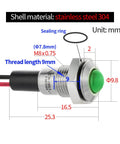 Diagram of 8mm Mini Indicator Light IP67 Waterproof Domed Stainless Steel 304 LED Signal Lamp with dimensions labeled