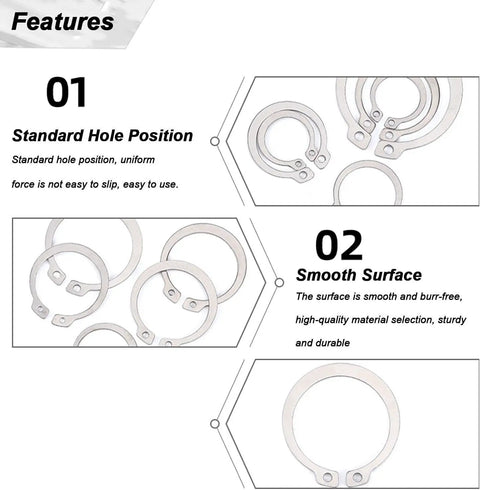 Premium Two Piece External Circlips Made From Solid 304 Stainless Steel Retaining Rings, features smooth surface and standard hole position.