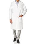 Exterior Pocket Lab Coat for Men in White Medium, Lightweight 5 oz Performance Poplin, shown with chest and lower pockets.